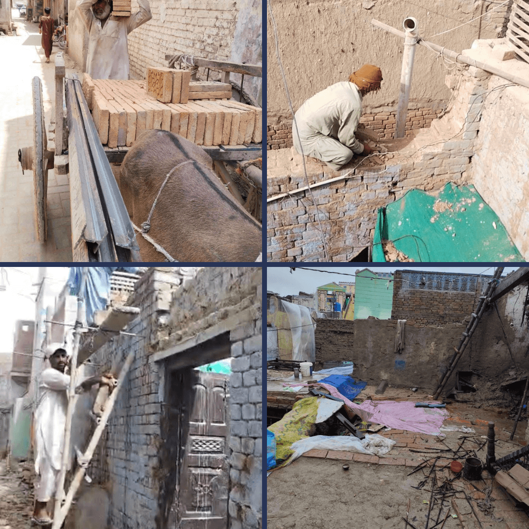 Collage showing damaged homes and repair work after devastating rains